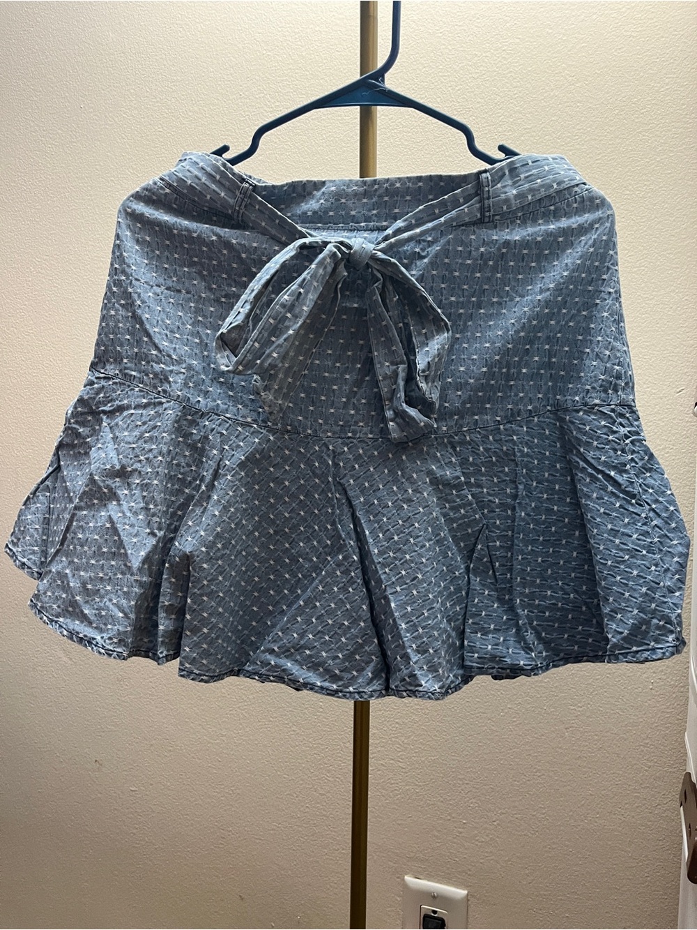 Chambray Blue Tie-Waist Ruffle Hem Romper (shorts inside)